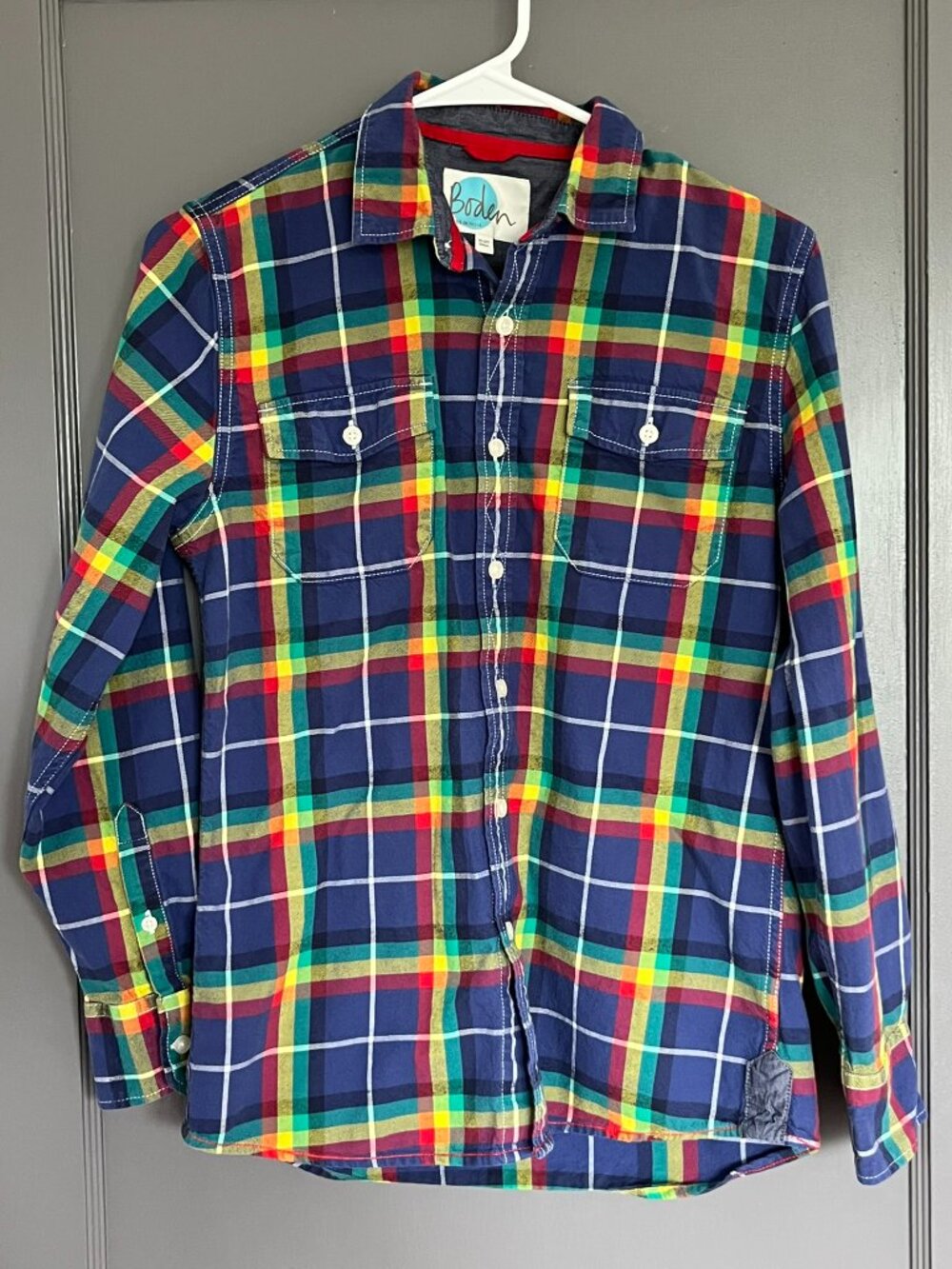 Boden Kids Youth Button-Down Rainbow Plaid Shirt 13-14 Years 100% Cotton Unisex